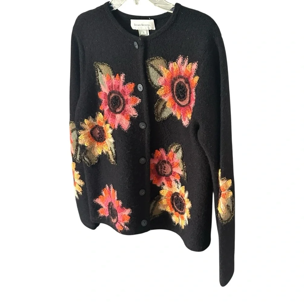 Susan Bristol Sunflower Cardigan Sweater Sz S BOHO Multicolor Embroidered Wool